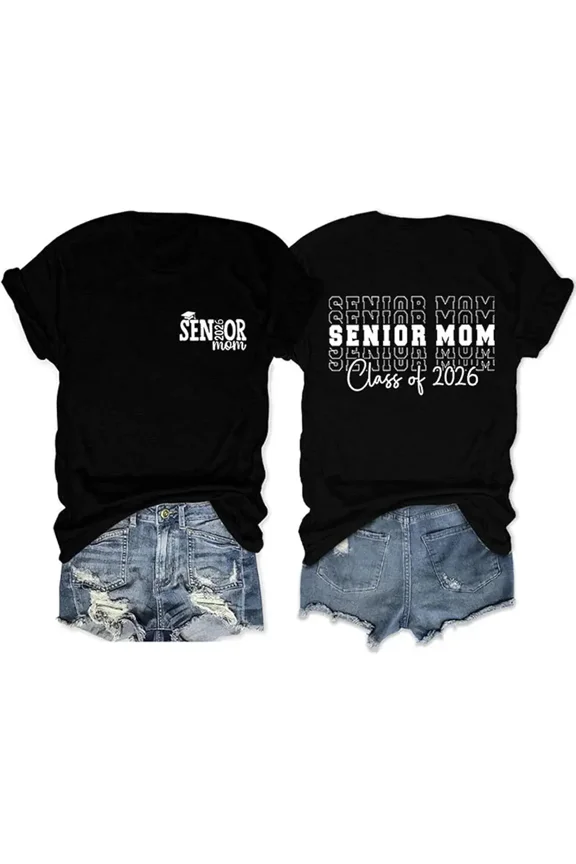 Proud Senior Mom Class of 2026 Graduation T-Shirt Retro Graphic Tee for Women Mother's Day Gift Short Sleeve Black Top