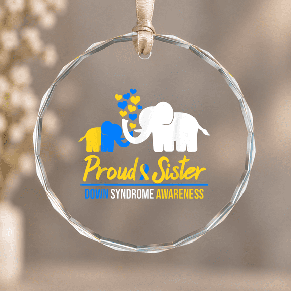 Proud Sister World Down Syndrome Awareness Day Elephant T21 Christmas Ornament, Loved One Gift, Circle Glass Ornament