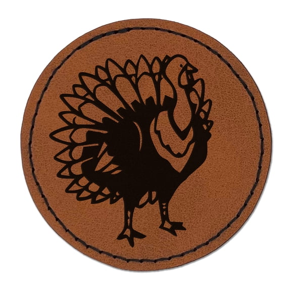 Proud Standing Turkey 2.5" Faux Leather Round Engraved Iron-On Patch - Brown