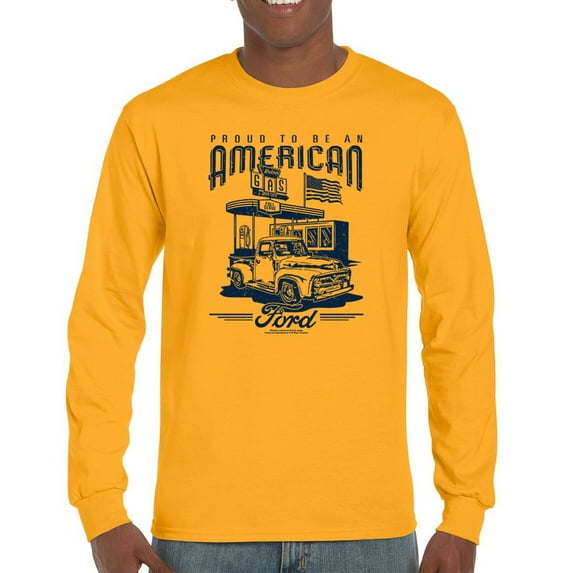 Proud To Be An American Ford Long Sleeve T-shirt Patriotic Retro Vintage F-Series Truck 1950s F100 USA Flag Licensed