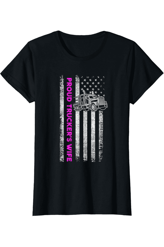 Proud Trucker's Wife - Patriotic Truck Driver American Flag T-Shirt100%cotton