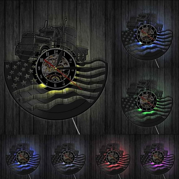 Proud USA Farmer Tractor Trailer Wall Clock Tractor American Flag Vinyl Record Wall Clock Farmhouse Decor Patriotic Farmers Gift With LED