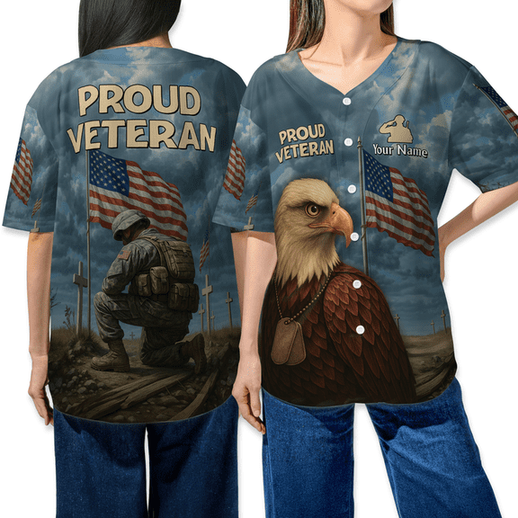 Proud Veteran Baseball Jersey Shirt with Patriotic Eagle, American Flag, and Soldier Design - Military Appreciation Apparel for Army Veterans, Memorial Day & 4th of July