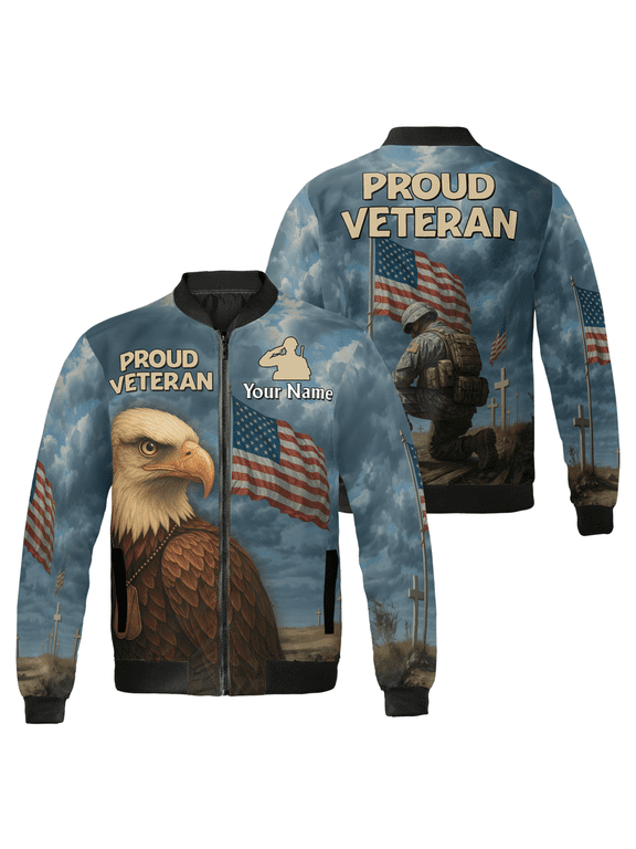 Proud Veteran Bomber Jacket – Bald Eagle & Soldier Military Memorial American Flag Patriotic Outerwear for Veterans and Military Supporters