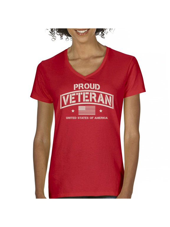 Proud Veteran Women's V-Neck T-shirt Veteran's Day Military Honor US Flag Army Air Force RED Friday American Patriot Tee