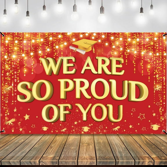 We are So Proud of You Banner, Graduation Backdrop Red and Gold for 2024 Graduation Party Decorations, Congratulations Banner, Graduation Decorations Class of 2024