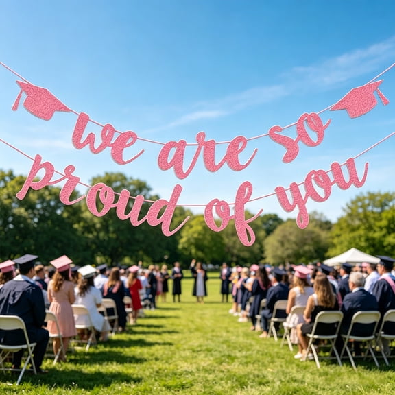 We Are So Proud Of You Graduation Banner, Pink Glitter Congrats Grad Garland, Pre-Assembled Graduation Party Decorations, Cursive Letter Bunting for Class of 2026 Photo Backdrop