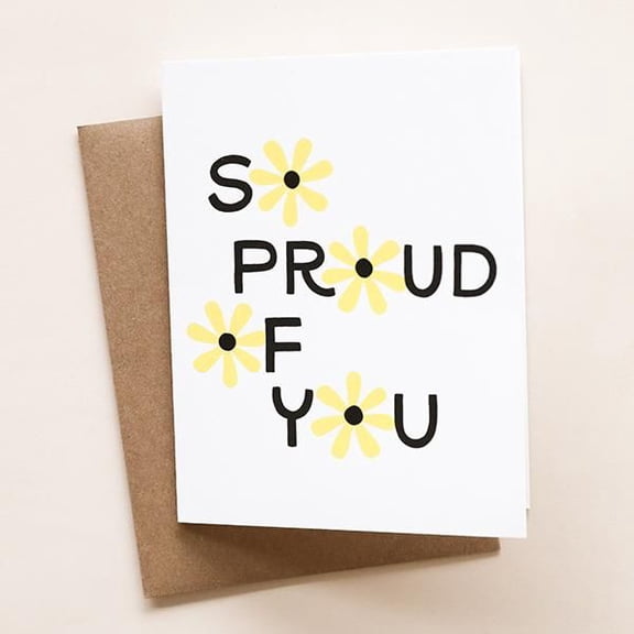 "Proud of You" Greeting Card with Yellow Flower Design – Blank Inside, Envelope Included – Perfect for Celebrations and Encouragement