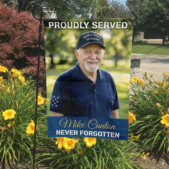 Proudly Served Military Memorial Garden Flag Personalized World War II Veteran Photo Tribu
