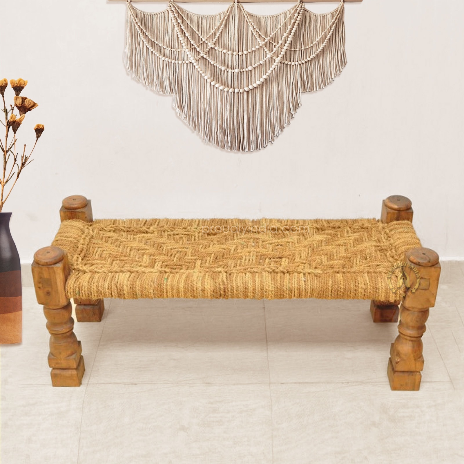 ProudlyIndia Wooden Khatiya, Indian Furniture, Charpai Bed, Woven Jute