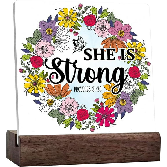 Provebes 3125 She Is Strong Ceramic Desk Sign,Christian Desk Decor For Women,Motivational Signs,Religious Signs,Scripture Signs,Bible Verse Decor