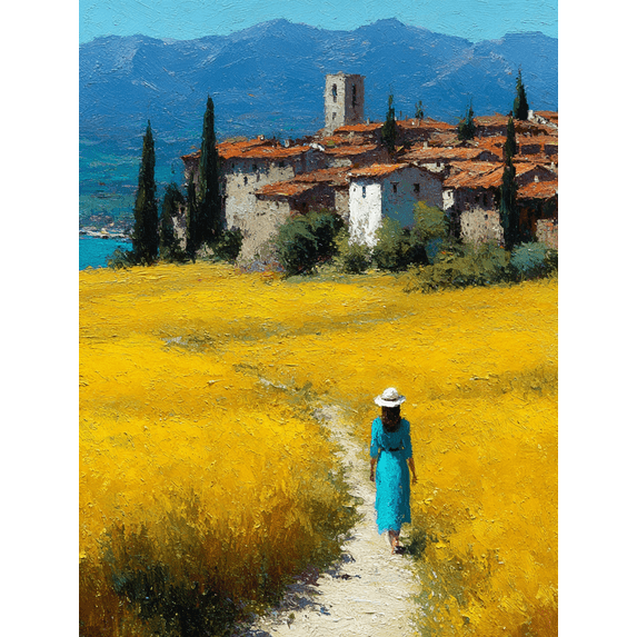 Provencal Blooming Village Walking Woman Canvas Print, Impressionist Countryside Home Bedroom Wall Decor Art