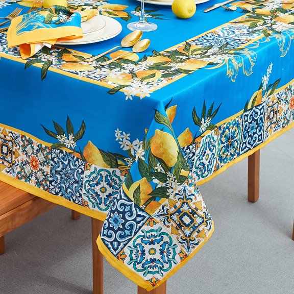 Provence Blue Lemon Mediterranean Tile Tabletop for Spring Summer Decorations, Picnics and Dinner Parties - Indoor Outdoor, Stain Water Resistant, Tablecloth, 52 x Square