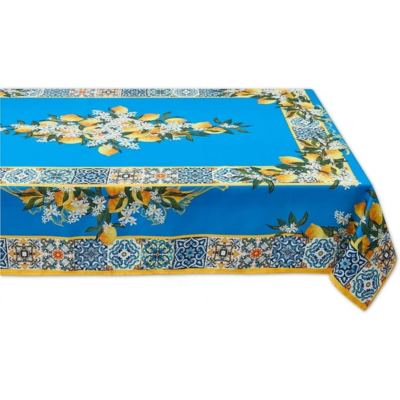 Provence Blue Lemon Mediterranean Tile Tabletop for Spring Summer Decorations, Picnics and Dinner Parties - Indoor Outdoor, Stain and Water Resistant, Tablecloth, 60 x 140 Rectangle