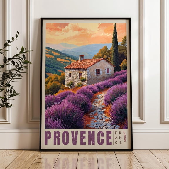 Provence Lavender Field Art Print, Rustic French Countryside Travel Print, Stretched Canvas 12x16in