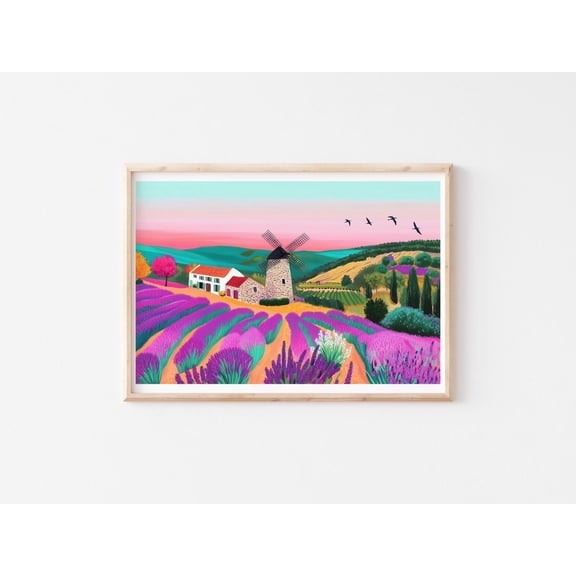 Provence Lavender Field French Countryside Windmill Decor Unframed Paper Print