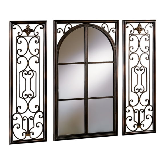 Provence Mirrored Wall Art Set of 3, Bronze, Arched Mirror Window with Faux Shutters