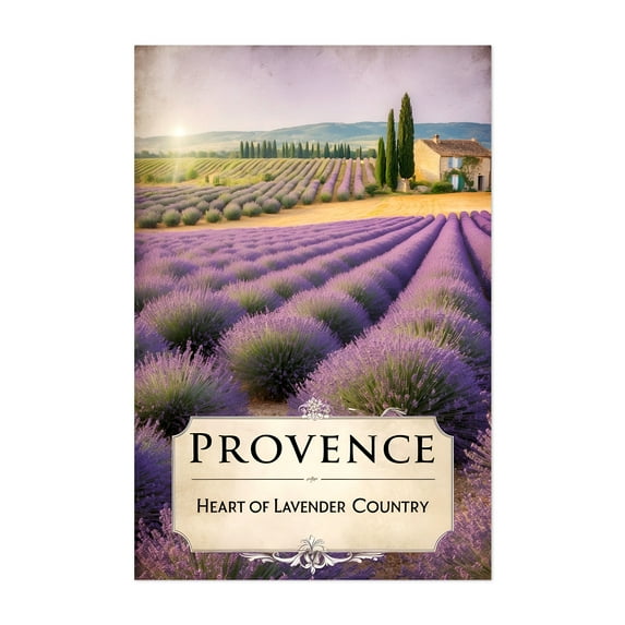Provence Poster – Vintage Lavender Fields Art Print - Provence-Alpes-Côte d'Azur France Illustration Travel Poster Landscape Floral Scenic Rustic Unframed Wall Art Print 5 x 7 inches