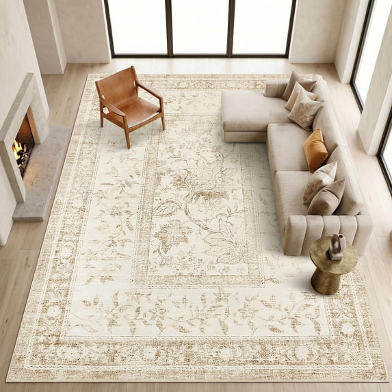 Provence Sage Green Vintage Botanical Area Rug - Soft & Durable Low ...