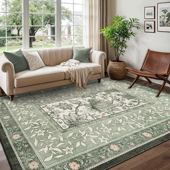 Provence Sage Green Vintage Botanical Area Rug - Soft & Durable Low ...