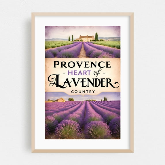 Provence Vintage Poster – Lavender Fields Illustration - Provence-Alpes-Côte d'Azur France Illustration Travel Poster Countryside Scenic Floral Rural Oak Framed Wall Art Print 20 x 30 inches
