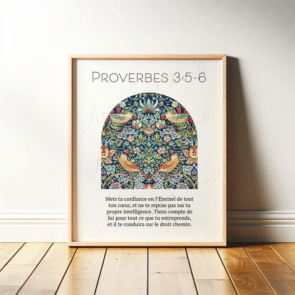Proverbes 3:5-6, Christian Wall Art, Bible Verse Decor, William Morris Strawberry Thief Artwork, #1992, Unframed Canvas Size 24x36