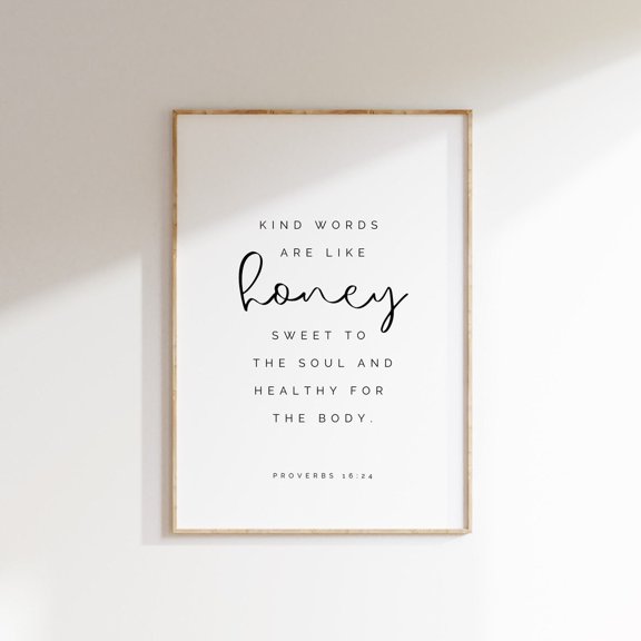 Proverbs 16:24 Kind Words Are Like Honey Bible Verse Wall Art Christian Print Modern, Stretched Canvas 12x16in
