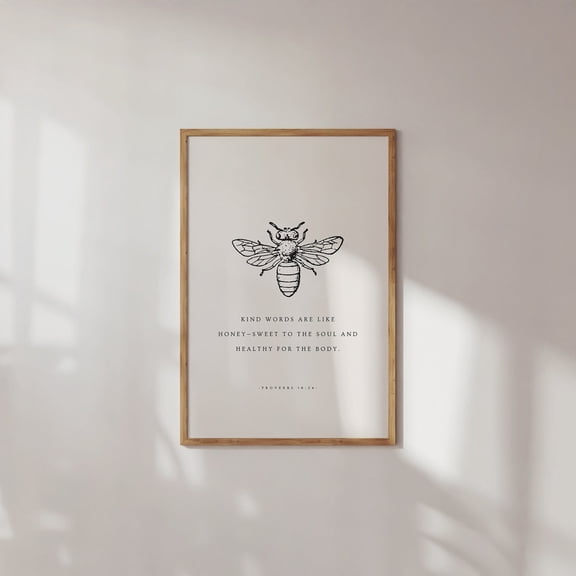 Proverbs 16:24 Kind Words Are Like Honey Vintage Bible Verse Christian Wall Art Bee Modern Scripture Prints, Unframed Canvas 8x10in