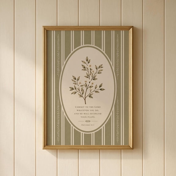 Proverbs 16:3 Scripture, Sage Green Botanical Bible Verse Wall Art, Home Decor