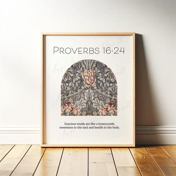 Proverbs 16 Bible Verse Wall Art, Modern Christian Decor, William Morris Scripture Gift, Gracious Words Like Honeycomb, #2184, Unframed Poster Size 8x12