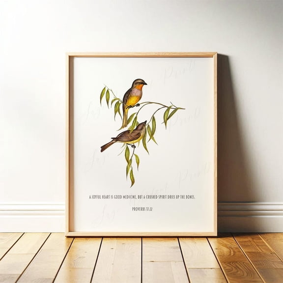 Proverbs 1722 Bible Verse Wall Art with Vintage Bird Art A Joyful Heart is Good Medicine Art for Bathroom Scripture Poster Decor, Stretched Canvas Size 16x24 F03.1.21l871