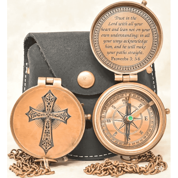 Proverbs 3:5-6 Engraved Brass Compass with Leather Case – “Trust in the Lord” Religious Gift for Graduation, Baptism, Confirmation & Missionary Keepsake