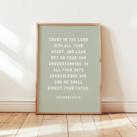 Proverbs 3:5-6 Wall Art Christian Nursery Sage Green Trust In The Lord Cute Baby Bedroom Shower Baptism Unframed Paper Print