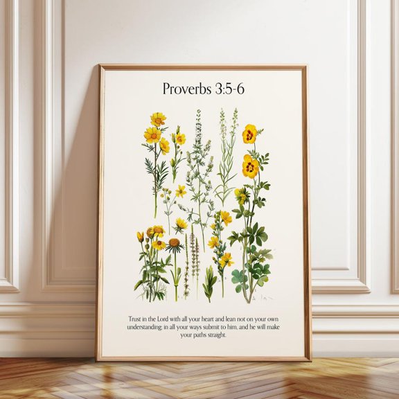 Proverbs 3:5-6 Wall Art Print – Yellow Botanical Scripture Poster Christian Bible Verse Faith Wall Decor 8x10 UNFRAMED