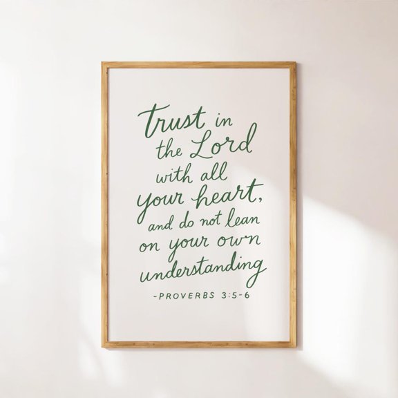 Proverbs 3:5 Bible Verse Print Green Script Faith Decor Home Decor Office Wall Art