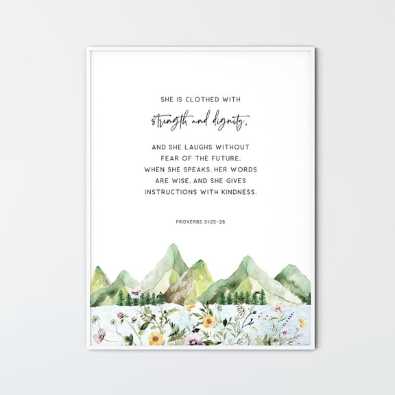 Proverbs 31:25-26 Strength Wisdom Scripture Wall Art Unframed Paper Print