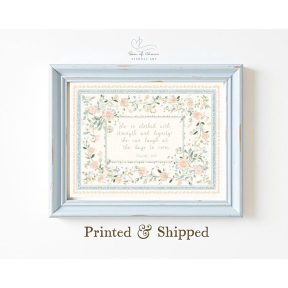 Proverbs 31:25 Pastel Wall Art Poster, She is clothed with strength and dignity, Baby Girl Nursery Bible Verse Print Poster, Unframed Poster Size 12x18 F03.1.18l1358