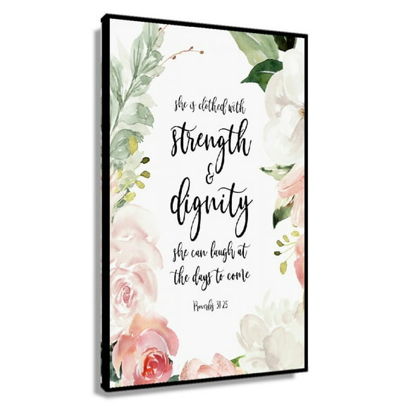 Proverbs 31 25 She Is Clothed with Strength Scripture Wall Art, Printable Wall Art, Floral Bible Verse Poster Kitchen Artwork for Hallway