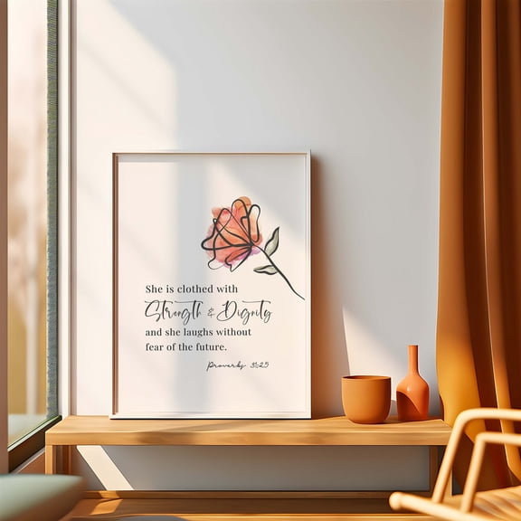 Proverbs 31 25 Strength and Dignity Floral Christian Art, Stretched Canvas Size 16x24