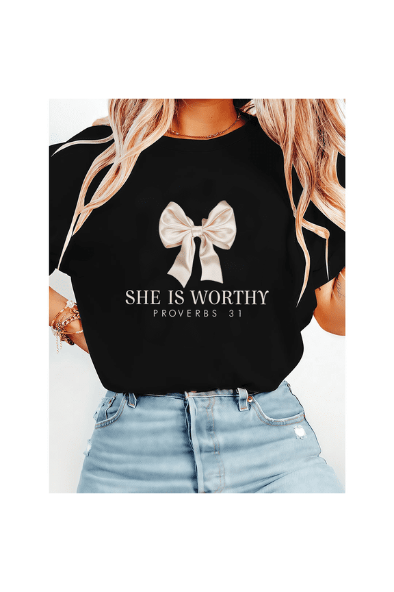 Proverbs 31 She is Worthy Christian T-shirts Women Bible Verse Graphic Tees Religious Apparel Faith Based Short Sleeve Tops Black,2XL