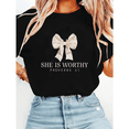 thumbnail image 1 of Proverbs 31 She is Worthy Christian T-shirts Women Bible Verse Graphic Tees Religious Apparel Faith Based Short Sleeve Tops Black,XL, 1 of 6