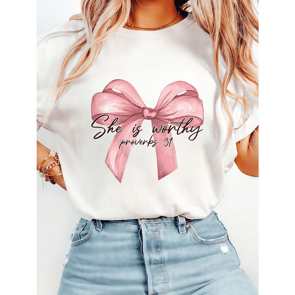 Proverbs 31 She is Worthy Lettering Print T-shirts Christian Graphic Tees Women Bible Verse Religious Apparel Faith Based Shirt White,4XL