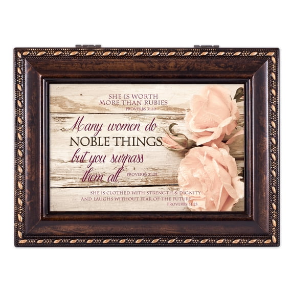 Proverbs 31 Woman Distressed Burlwood Finish Jewelry Music Box Plays Amazing Grace