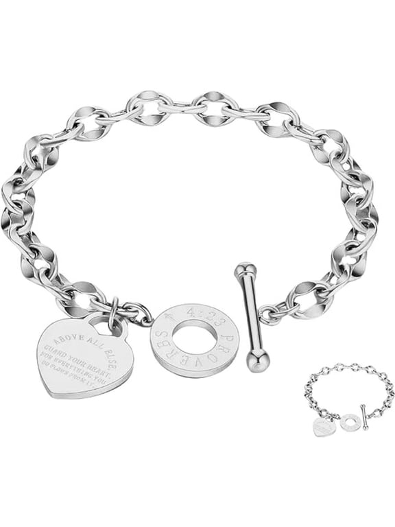 Proverbs 4:23 Heart Charm Bracelet, Gold & Silver Toggle Clasp Chain Bracelet