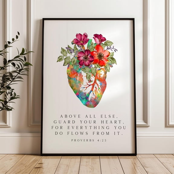 Proverbs 4:23 Wall Art Print, Heart Flower Christian Decor