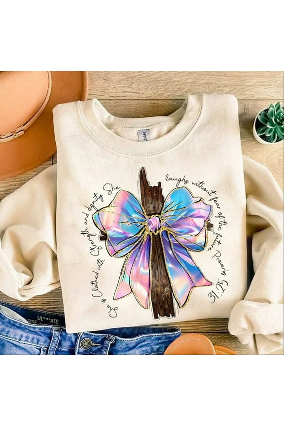 Proverbs She Is Clothed With Strength Sweatshirt, Coquette Bow Preppy Sweatshirt, Coquette Bow Iridescent Sweatshirt, Bible Verse Sweatshirt, Christian Girls Sweatshirt
