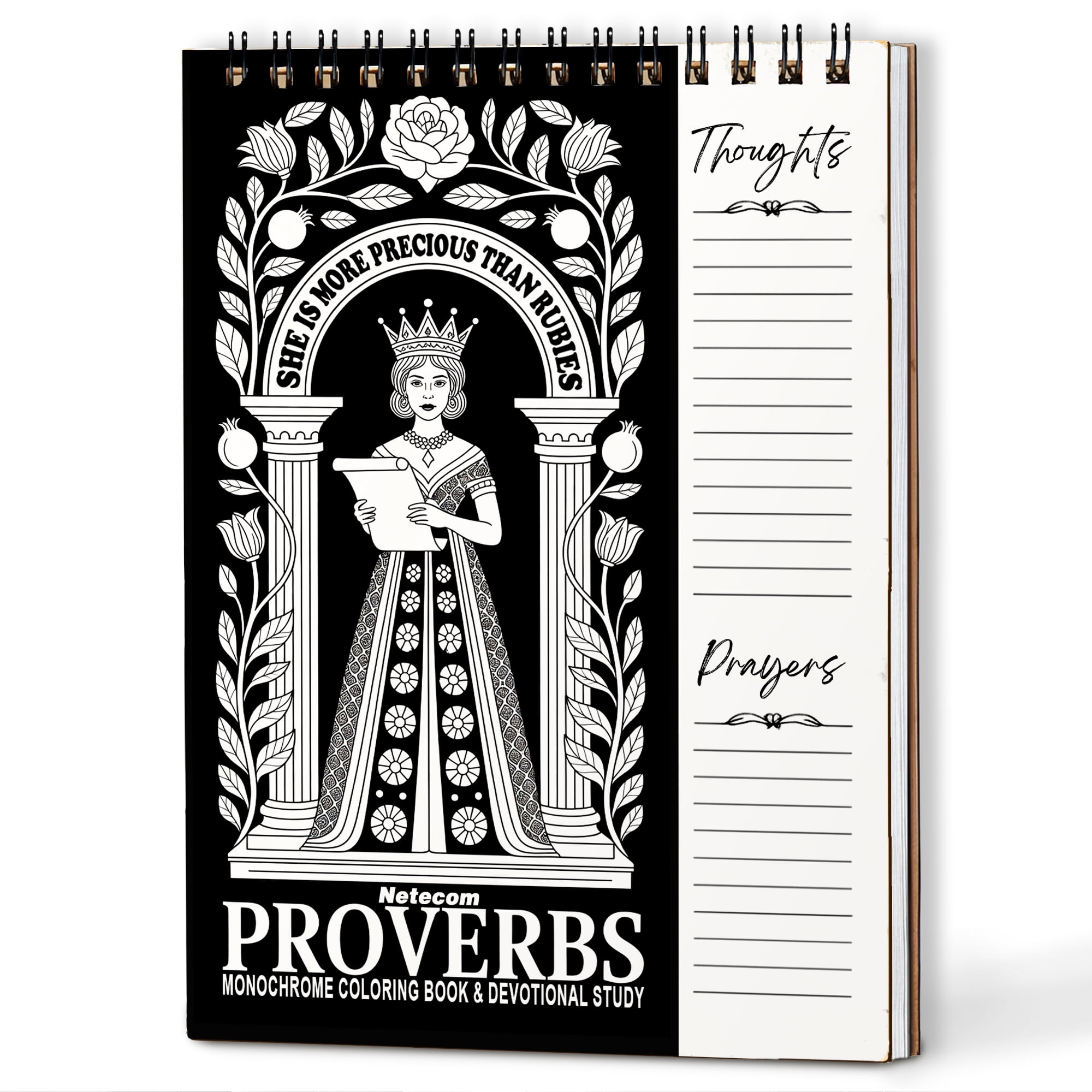 Proverbs Monochrome Coloring Book for Adults, 30 Minimalist Scripture Art Pages with Reflection & Prayer Space, Spiral Bound, A4 or A5 Softcover or Wood Cover