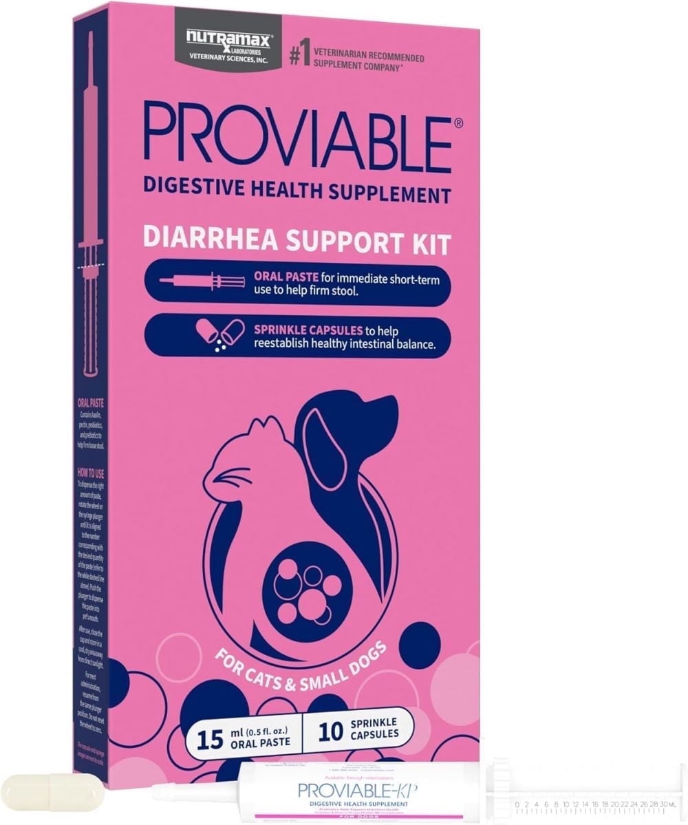 Nutramax Proviable Probiotics for Small Dogs and Cats, Diarrhea Support Kit, Digestive Health Supplement with Multiple Strains of Bacteria, Plus Prebiotics, Kaolin and Pectin, 15 ml Paste and 10 Caps