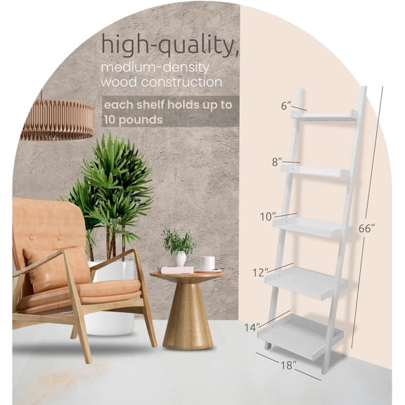 Providence Hadfield 5 Tier Ladder Shelf, Leaning Bookshelf Storage Rack for Home Office, 18 x 67, White