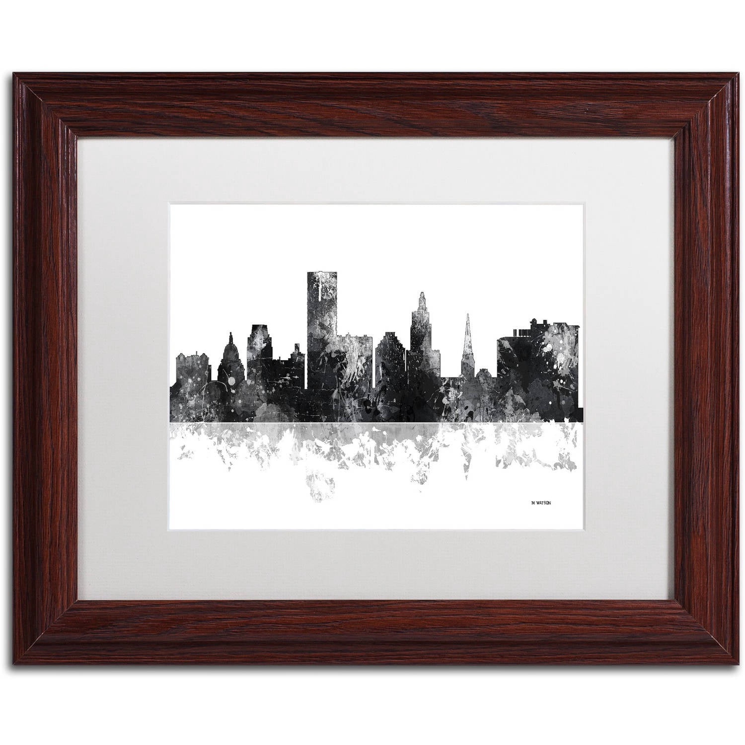 "Providence RI Skyline BG-1" Canvas Art by Marlene Watson, White Matte, Wood Frame